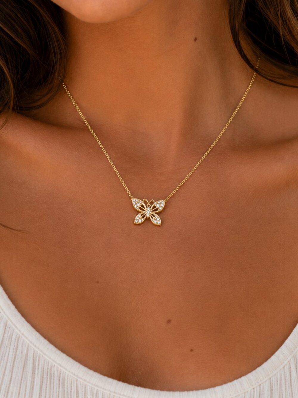 0.1 CTW Natural Diamond Butterfly Gold Over Sterling Silver Necklace 18"